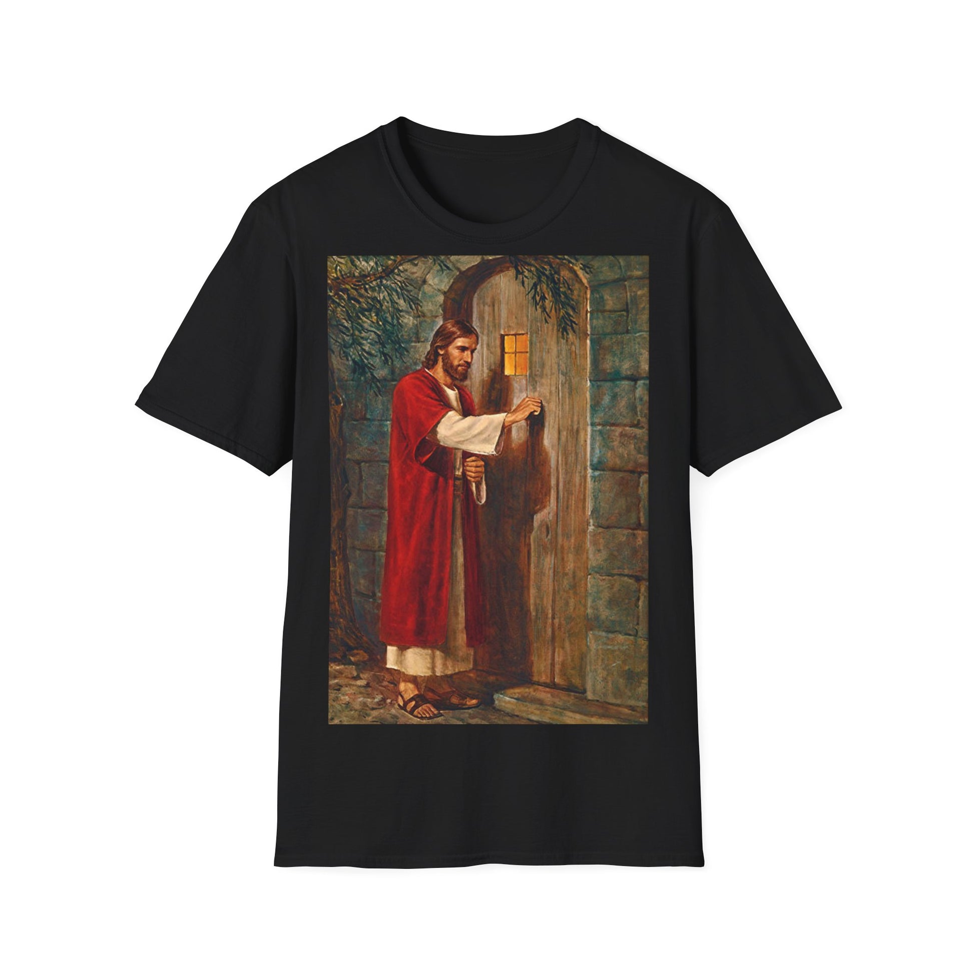 A black t-shirt with a classic painting of Jesus knocking at the door. He says 'Behold! I stand at the door and knock. If anyone hears my voice and opens the door, I will come in and dine with him, and him with me.' From Revelations 3:20