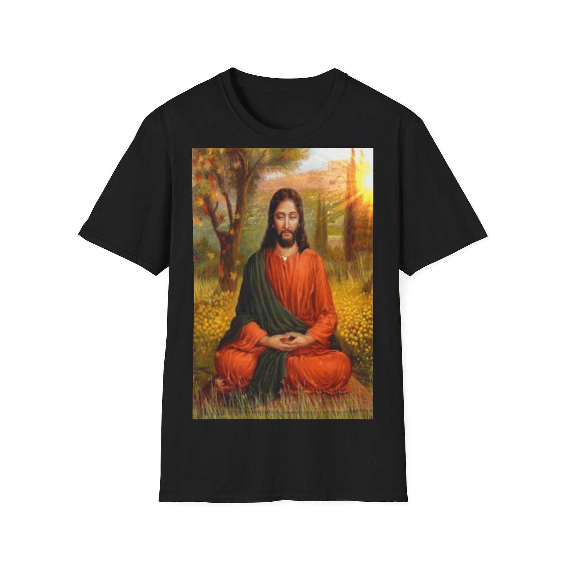 A black t-shirt with a painting of Jesus christ sitting cross-legged in a meditation pose; in a forest. 