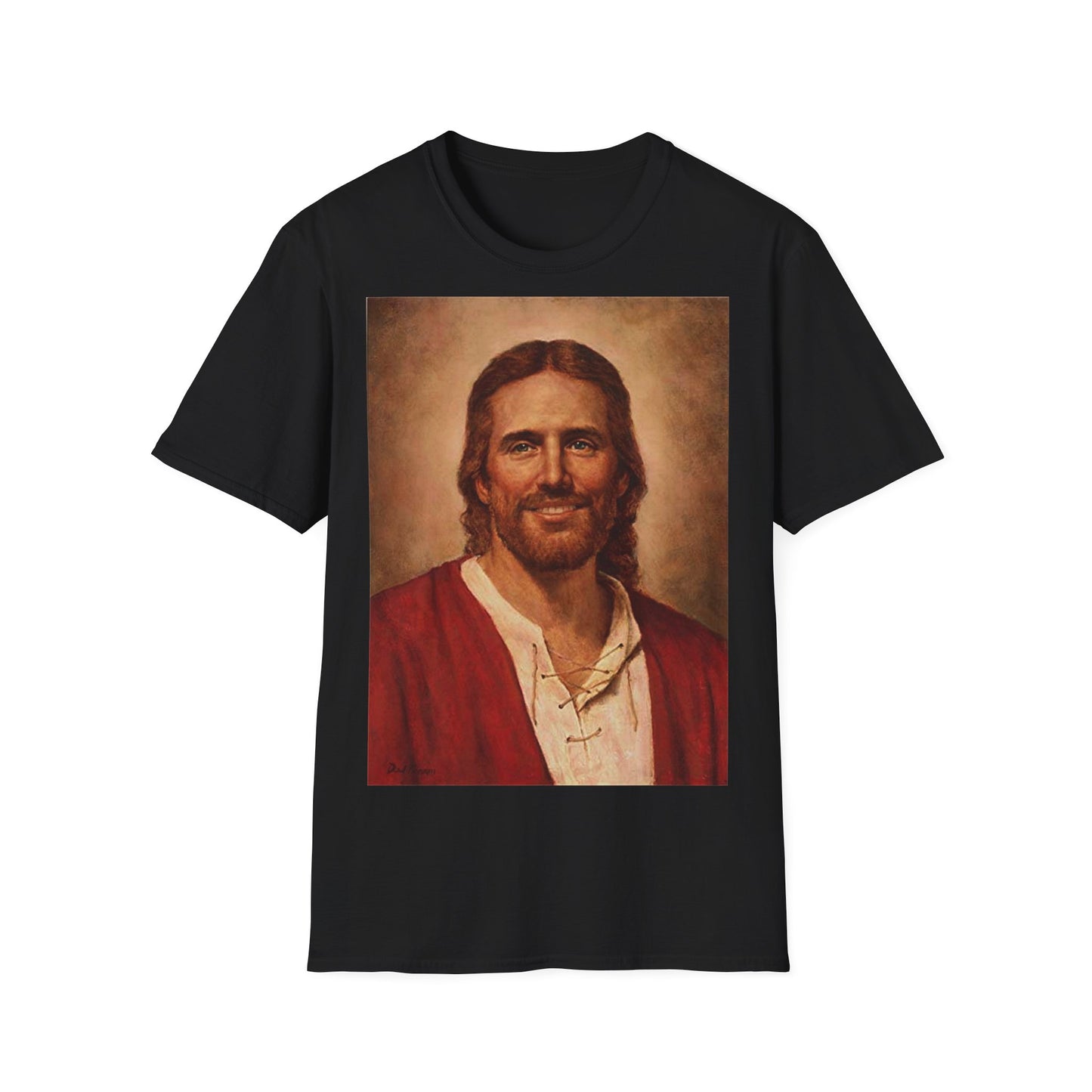 A black t-shirt with a painting of Jesus Christ smiling.