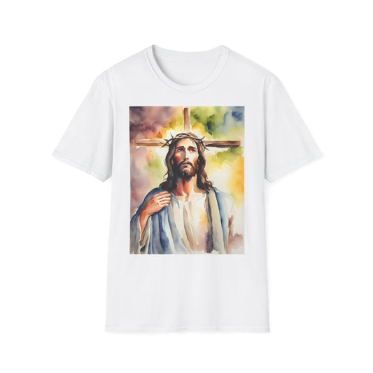 A white t-shirt with a watercolour painting of Jesus Christ standing in front of a cross. 