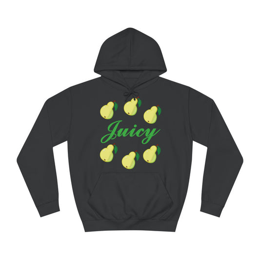 A black hoodie sweatshirt with a design of pears and the word Juicy in the middle.