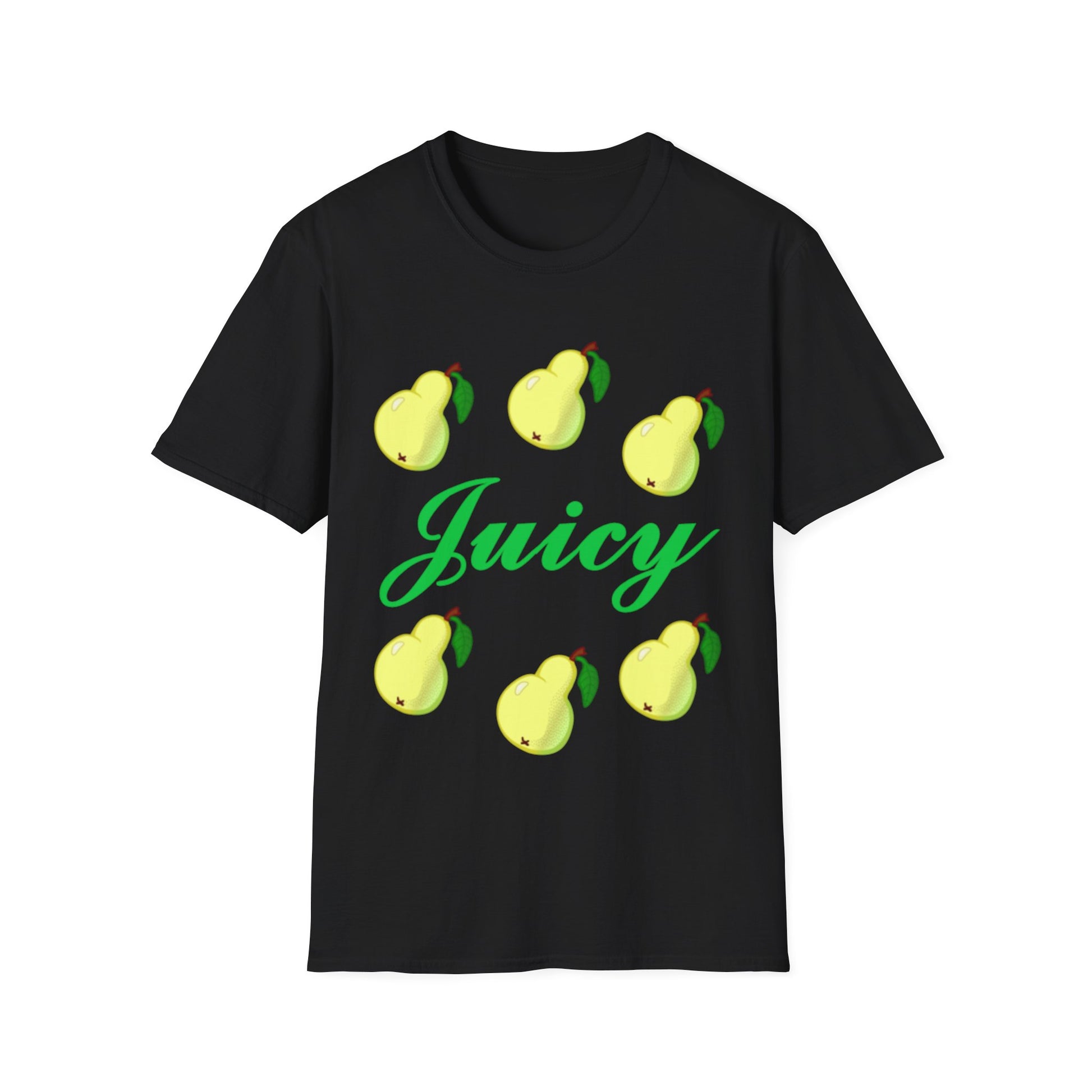 A black t-shirt with the word Juicy written in bright green and surrounded with six light green pears.