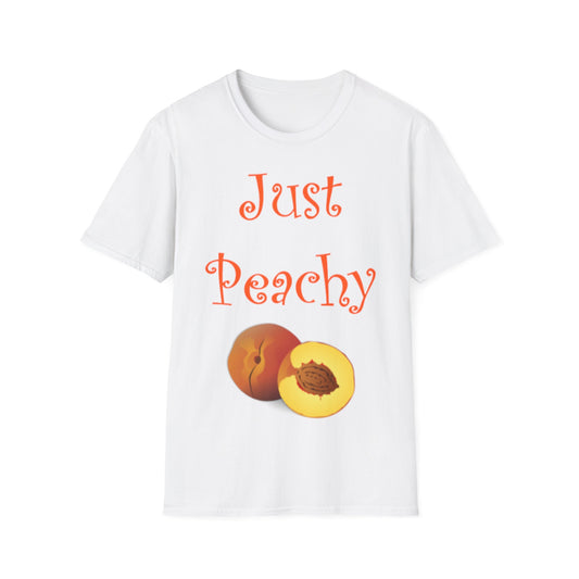 A white t-shirt with the phrase Just Peachy written in a peach colour and two peaches underneth
