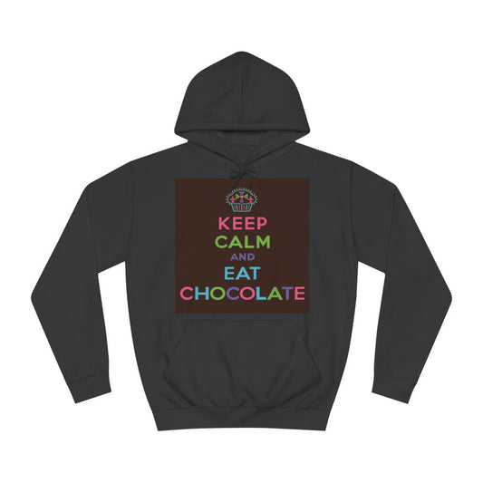 A black hoodie sweatshirt with a design of a royal cupcake and the funny quote: Keep Calm And Eat chocolate.