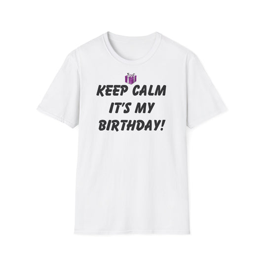 A white t-shirt with the quote: Keep Calm It's My Birthday, and a little purple gift at the top