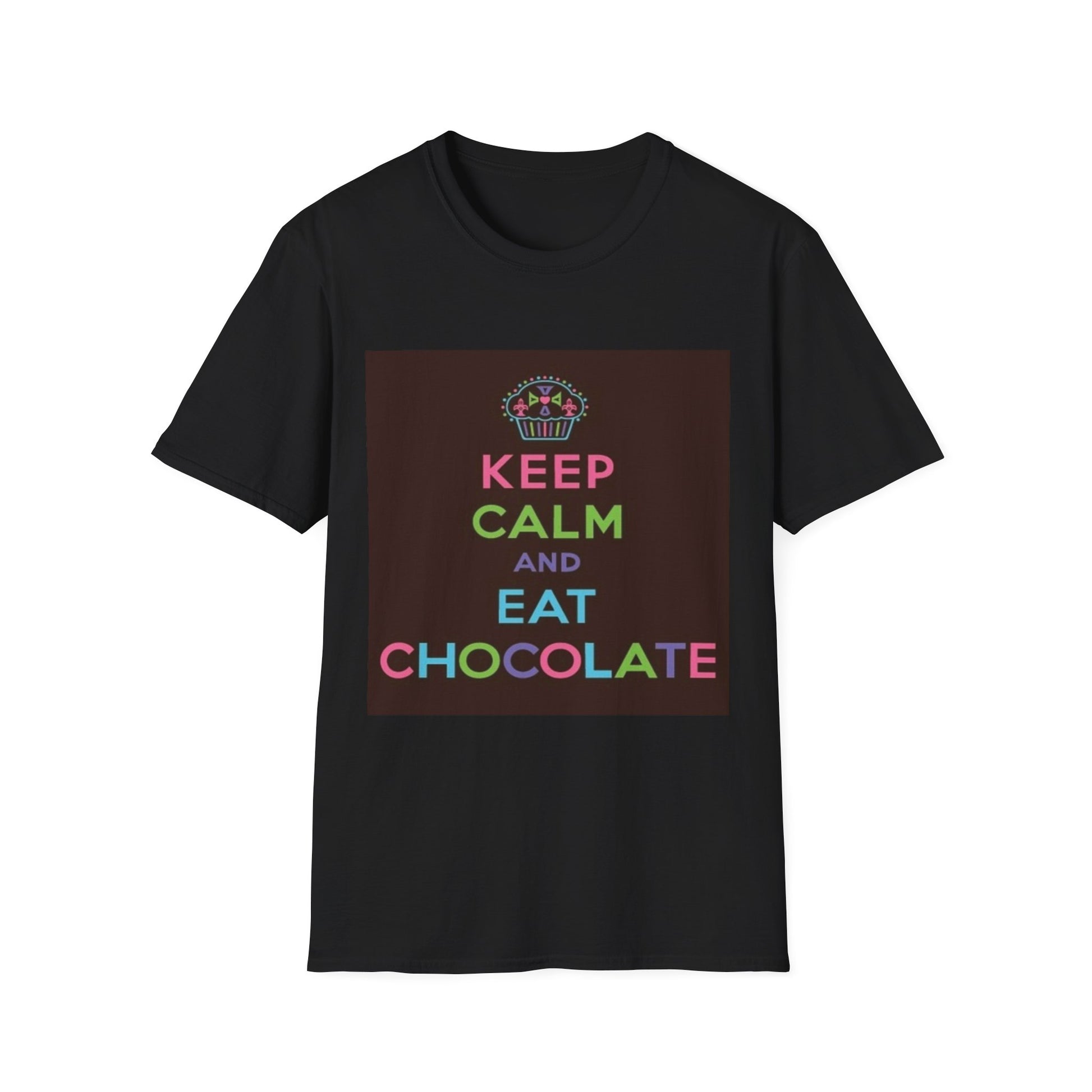A black t-shirt with a design of the popular quote: Keep Calm And Eat Chocolate.