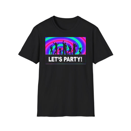 A black t-shirt with a design of dancers partying and a rainbow swirl in the background. The words: Let's Party! are at the bottom