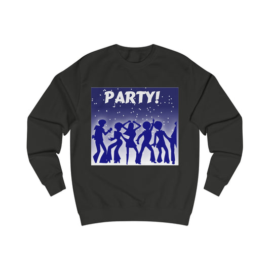 A black sweatshirt with a retro design of disco dancers and the word: Party! at the top