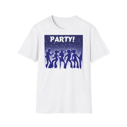 A white t-shirt with a design of retro disco dancers in blue. The words Party! is at the top of the design