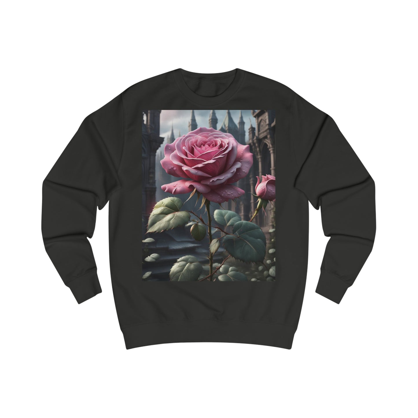 A black sweatshirt with a design of a pink gothic rose in a fantasy castle