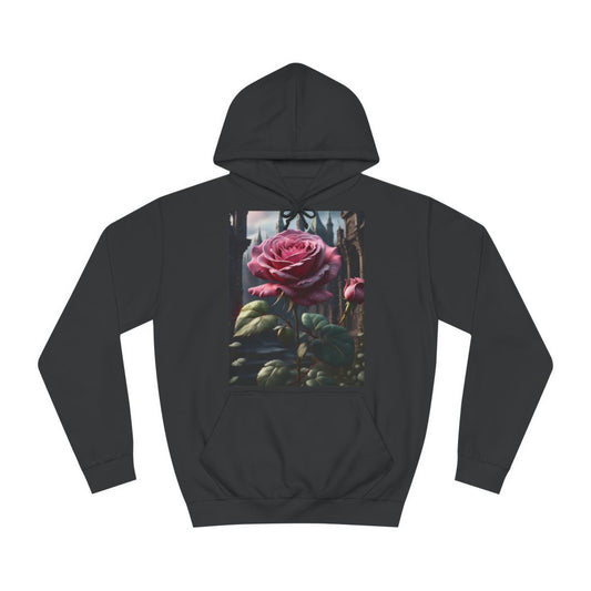 A black hoodie sweatshirt with a design of a pink rose in a fantasy setting.