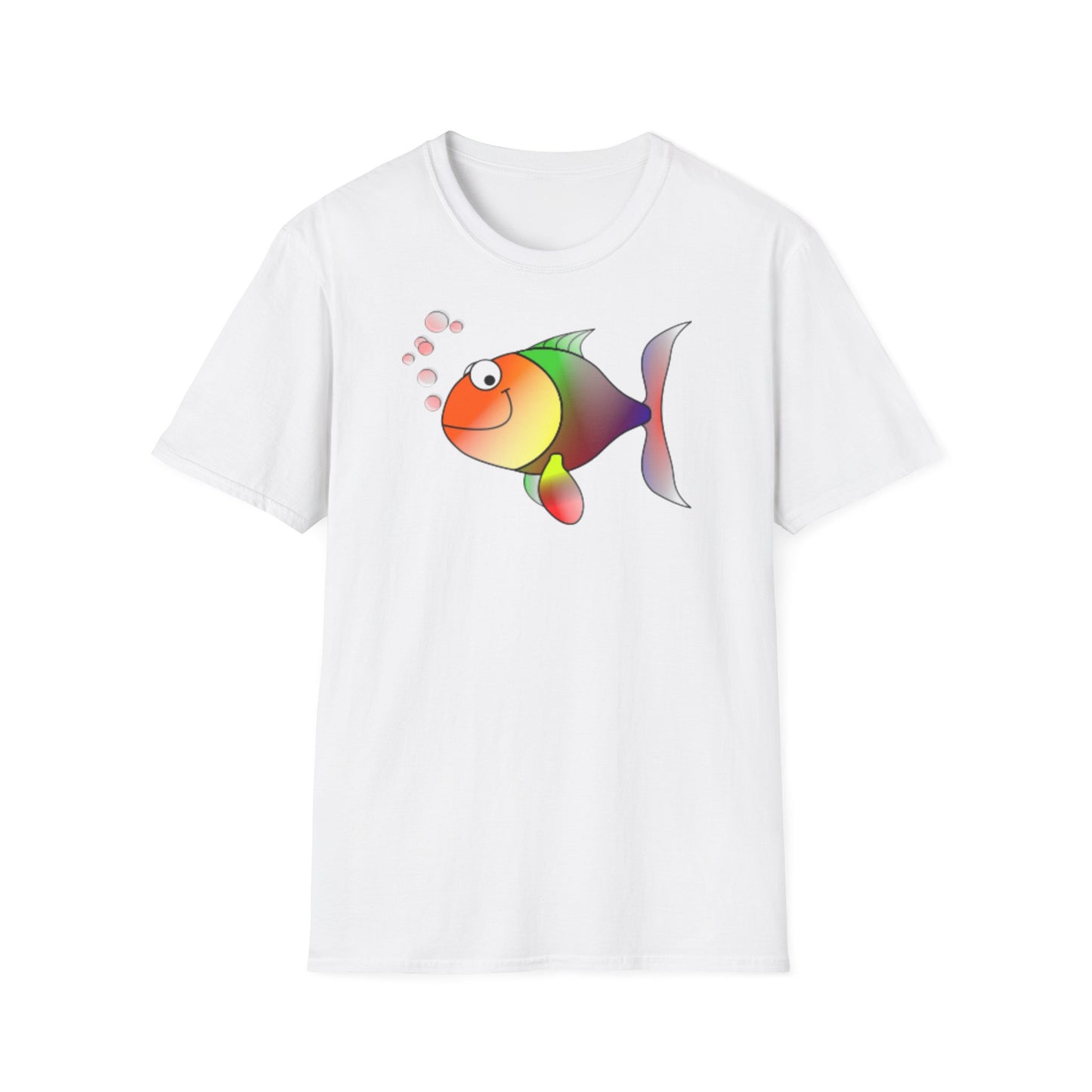 A white t-shirt with a design of a smiling rainbow coloured fish