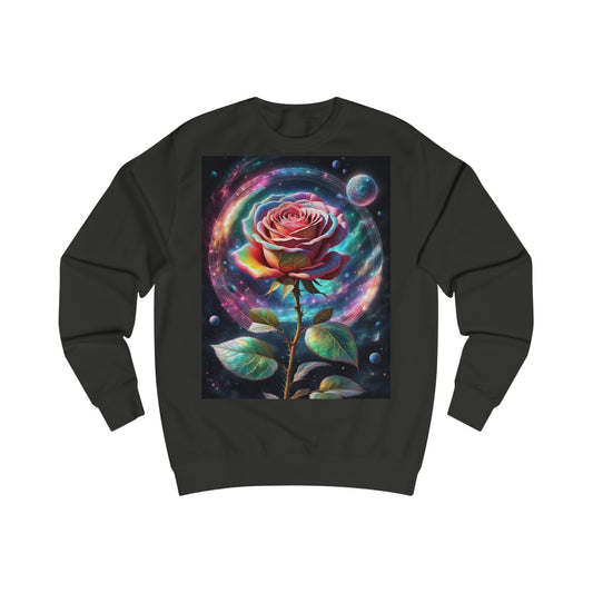 A black sweatshirt with a design of a beautiful rainbow coloured rose in a fantasy cosmic space scene