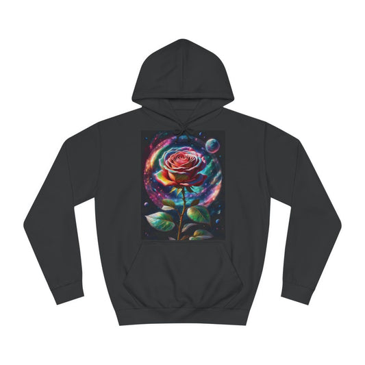 A black hoodie sweatshirt with a design of a rainbow rose in the style of cosmic space.