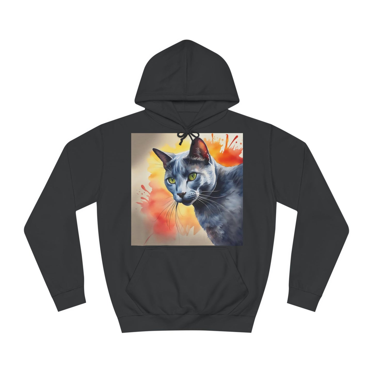 A black hoodie sweatshirt with a design of a Russian blue cat side profile facing to the left. This is a watercolour painting.