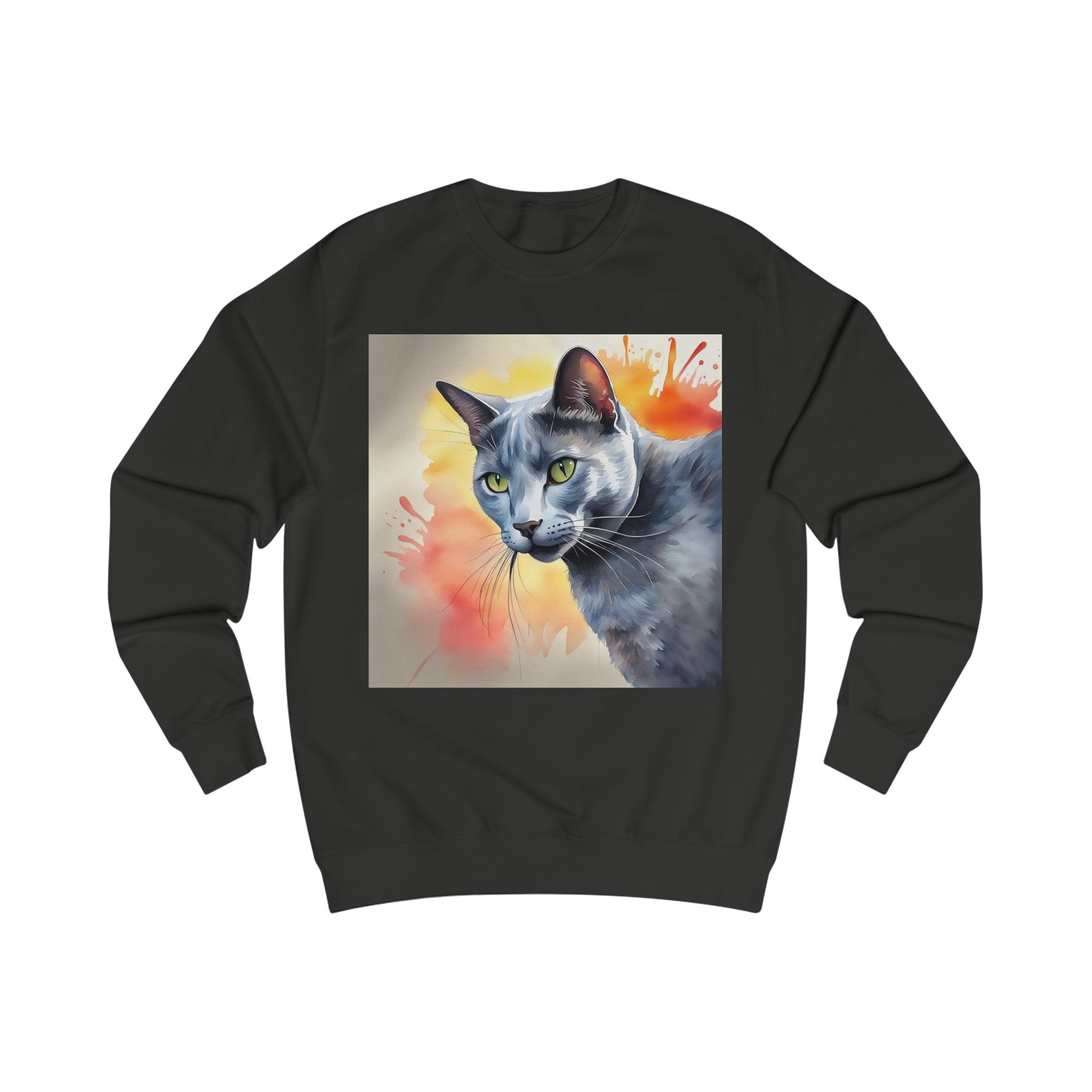 A black sweatshirt with a watercolour painting of a Russian Blue cat