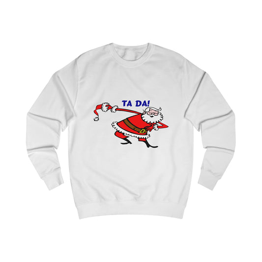 A white sweatshirt with a design of a funny cartoon Santa Claus bowing and saying: Ta Da!