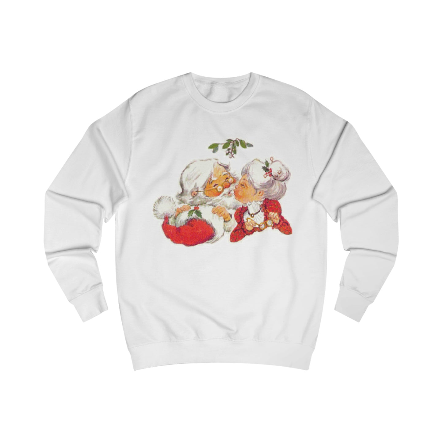 A white sweatshirt with a vintage design of Santa Claus giving Mrs Claus a romantic kiss under the mistletoe 