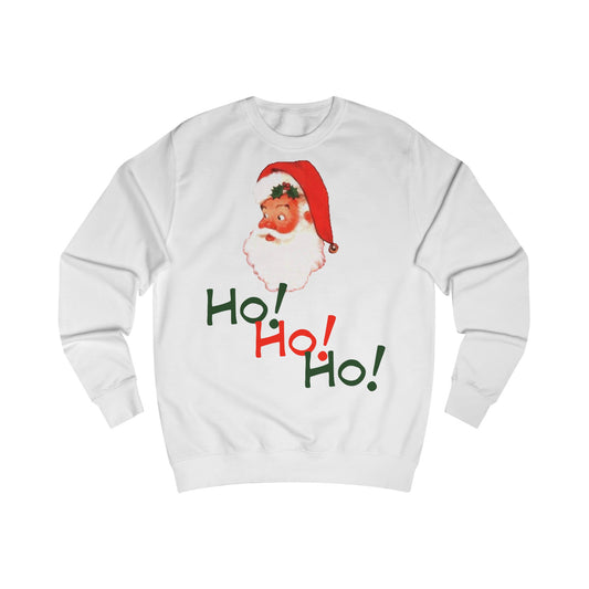 A white sweatshirt with a vintage design of Santa Claus and his famous laugh: Ho! Ho! Ho!