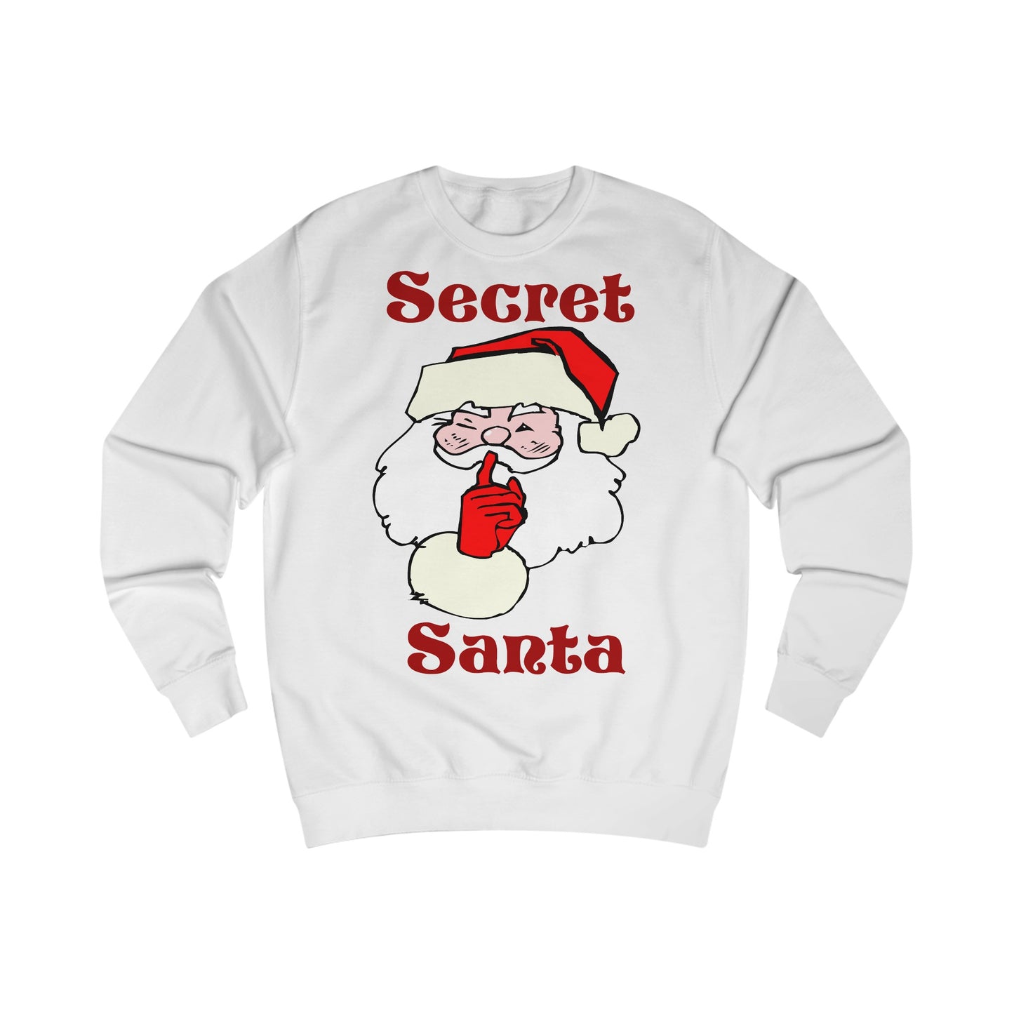 A white sweatshirt with a design of a cartoon Santa Claus and the quote: Secret Santa