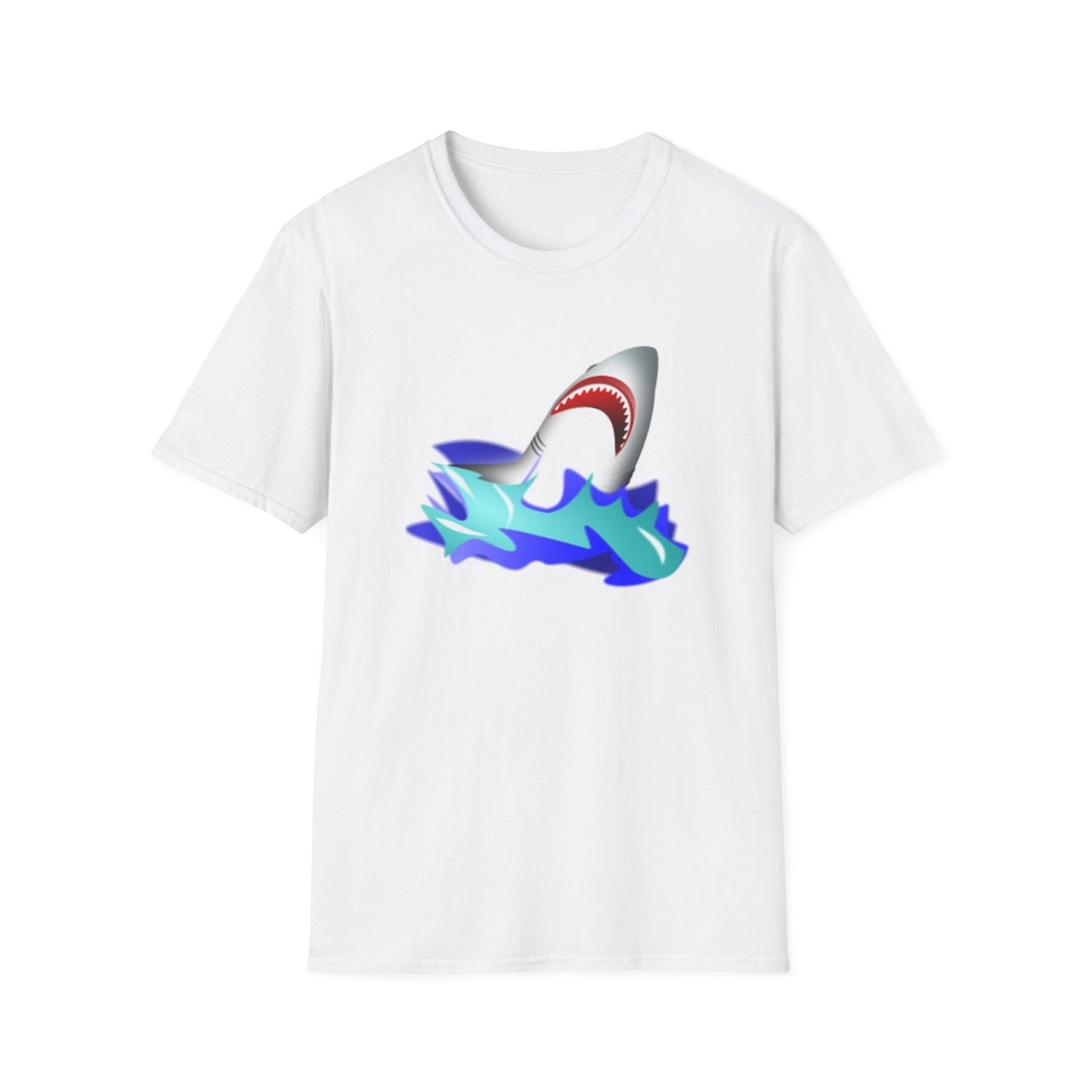 A white t-shirt with a design of a shark rising up from the sea water.