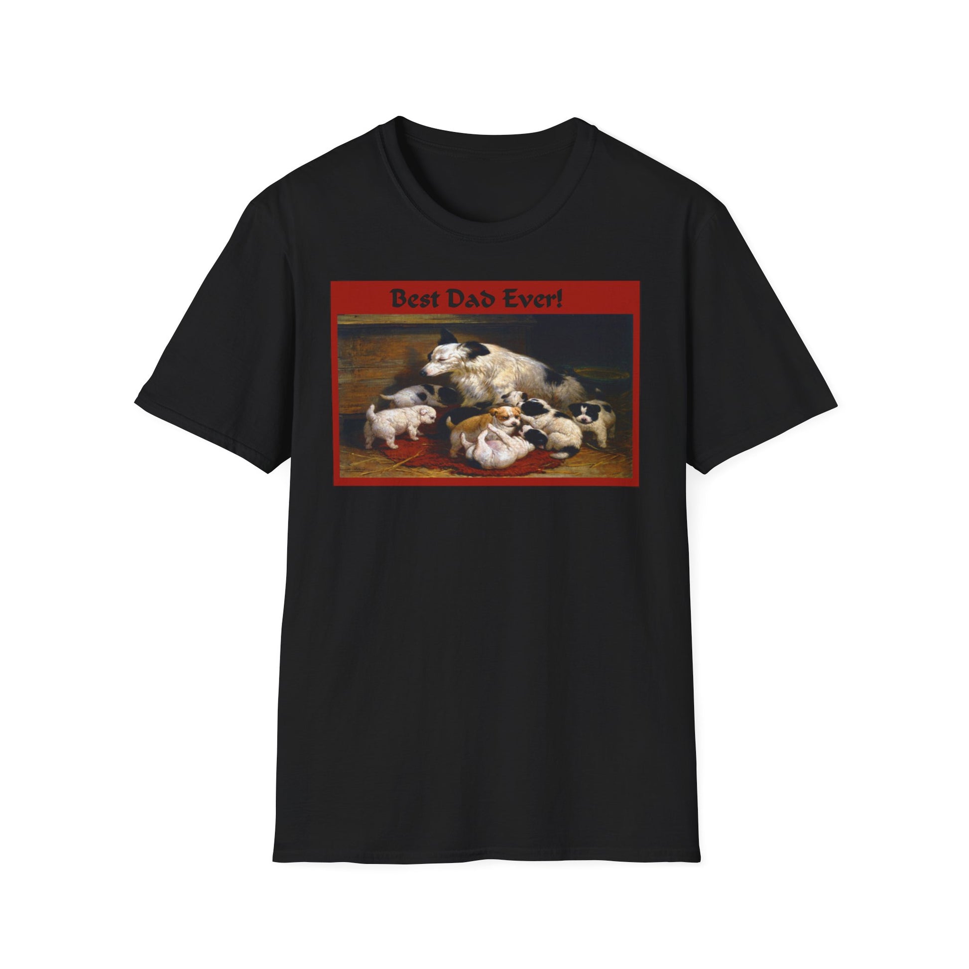 A black t-shirt with a design of a sheep dog with puppies. At the top of the design it says Best Dad Ever!