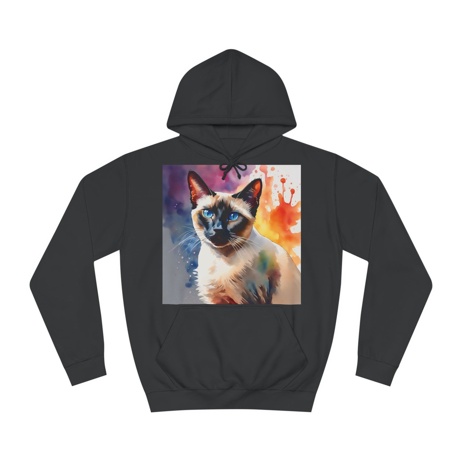 A black hoodie sweatshirt with a design of a Siamese cat portrait. This is a watercolour painting.