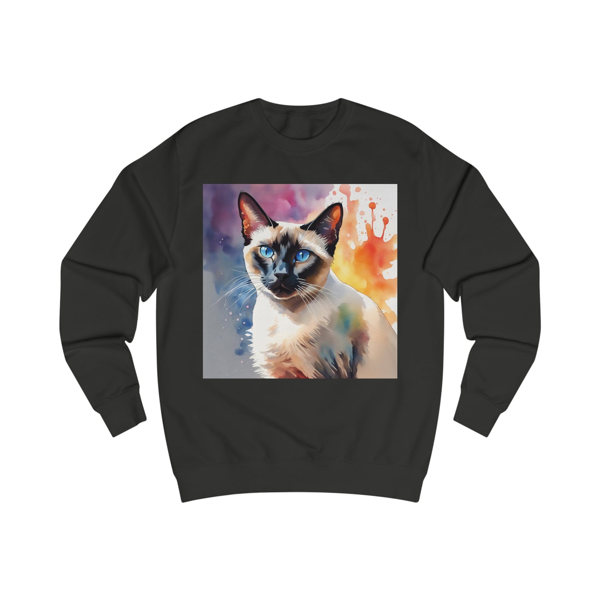 A black sweatshirt with a watercolour painting of a Siamese cat