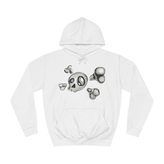 A white hoodie sweatshirt with a design of a skull and cross bones