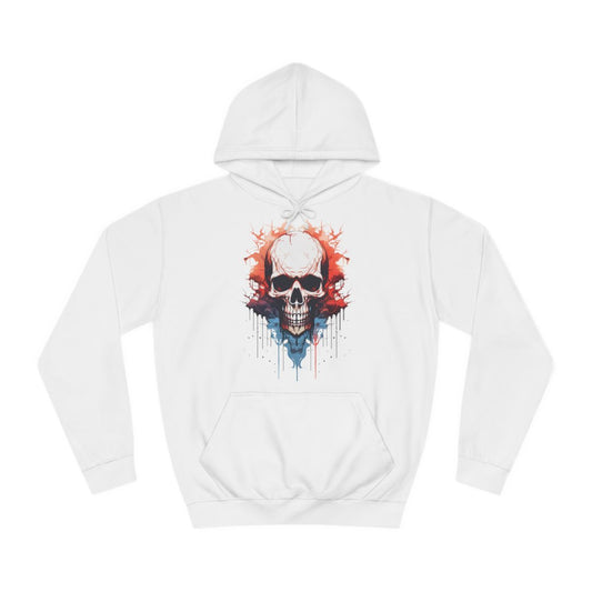 A white hoodie sweatshirt with a design of a skull watercolour painting.