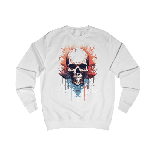 A white sweatshirt with a design of a skull watercolour painting