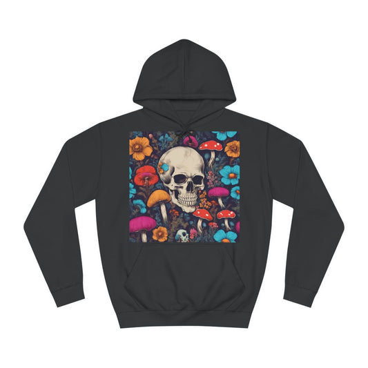 A black hoodie sweatshirt with a design of a skull surrounded by colourful flowers and mushrooms.