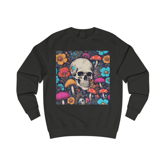 A black sweatshirt with a design of a skull surrounded by brightly coloured flowers and magic toadstools