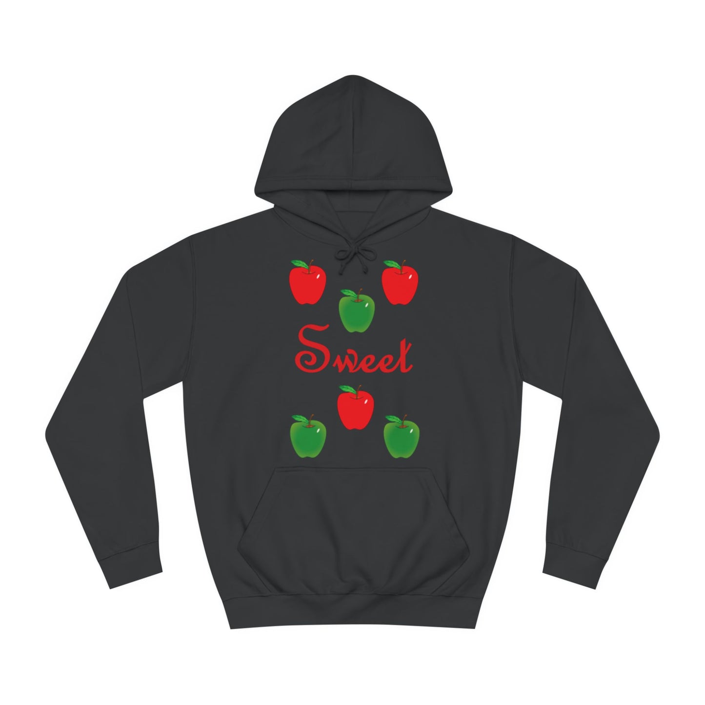 A black hoodie sweatshirt with a design of red and green apples with the word Sweet in the middle.