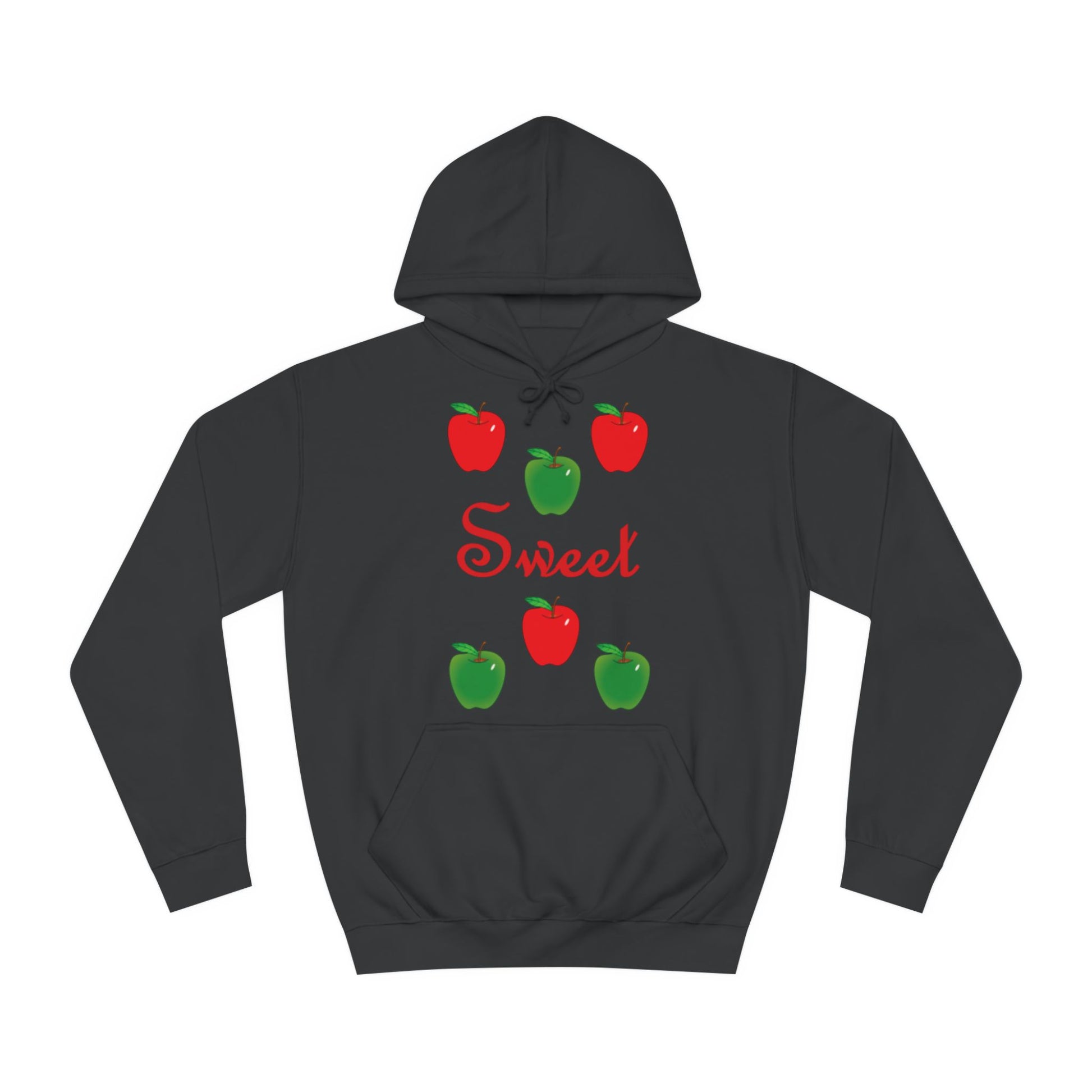 A black hoodie sweatshirt with a design of red and green apples with the word Sweet in the middle.