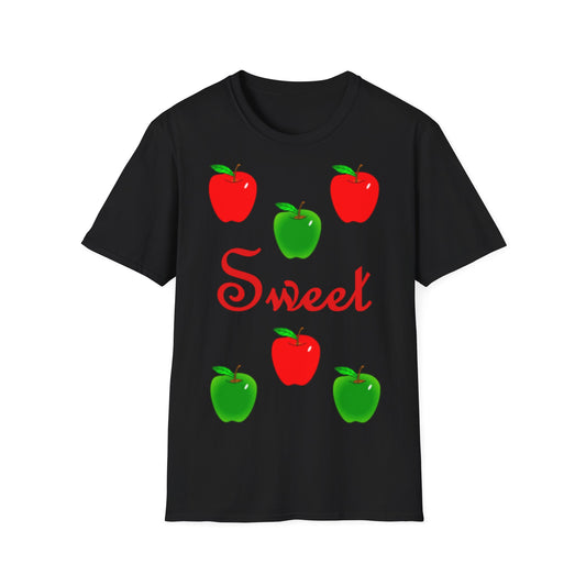 A black t-shirt with the word Sweet written in red and surrounded by red and green apples