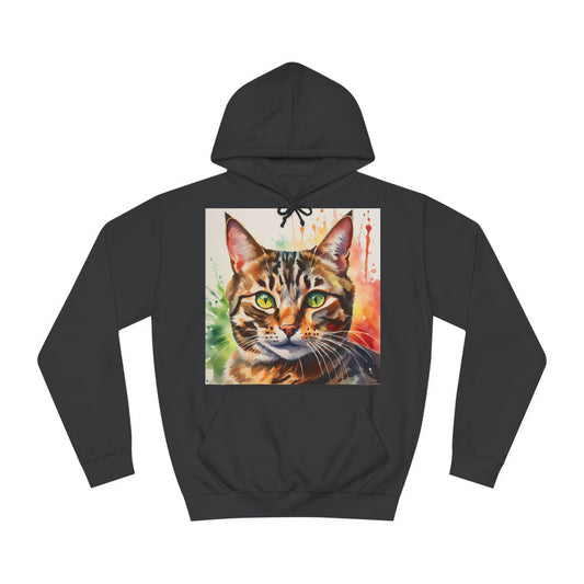 A black hoodie sweatshirt with a design of a tabby cat portrait. This is a watercolour painting.