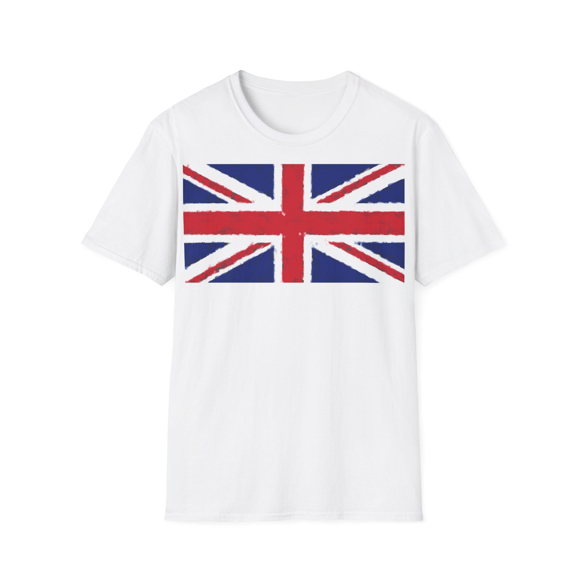 A white t-shirt with a design of the Union Jack flag with a chalk effect