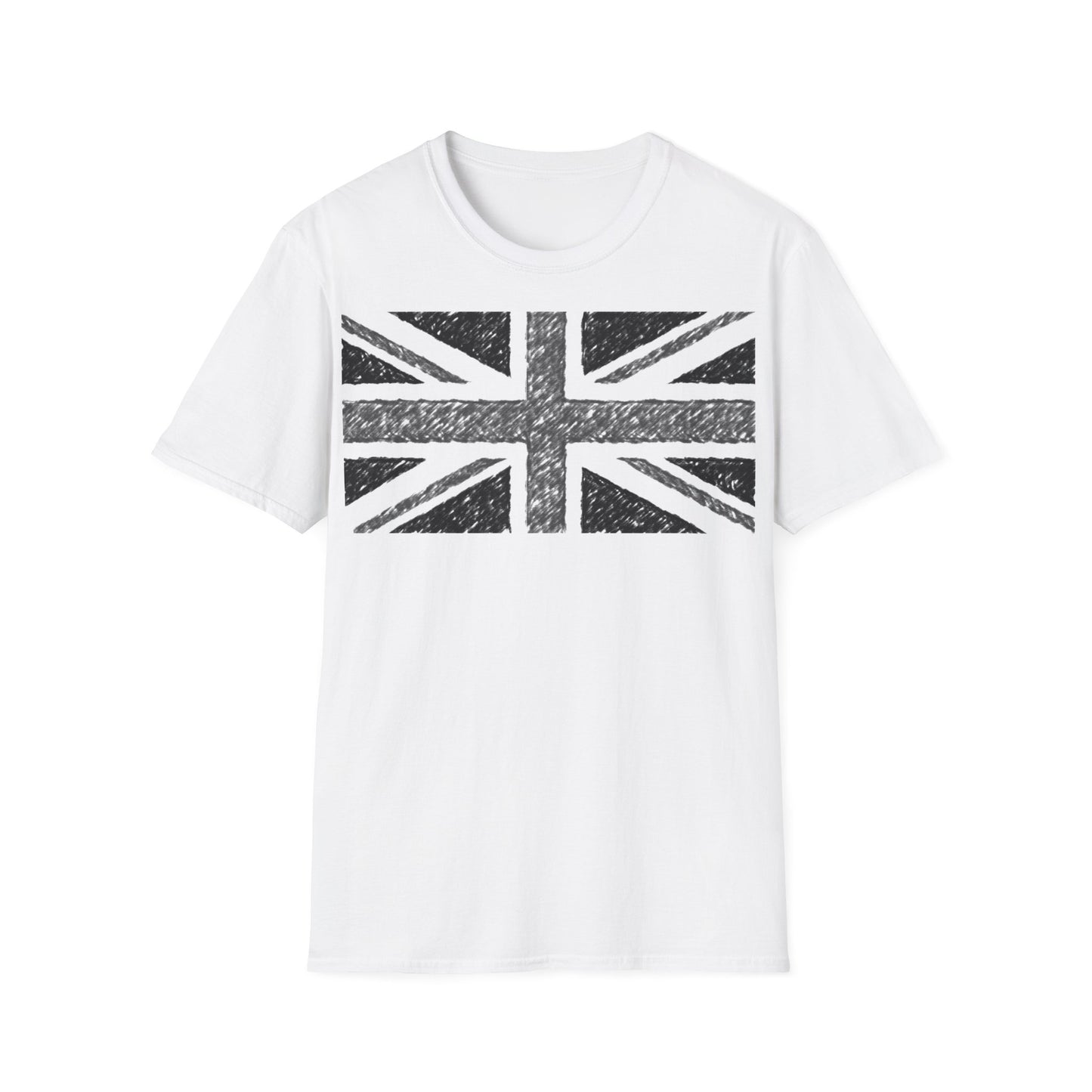 A white t-shirt with a design of a Union Jack flag done with a charcoal effect