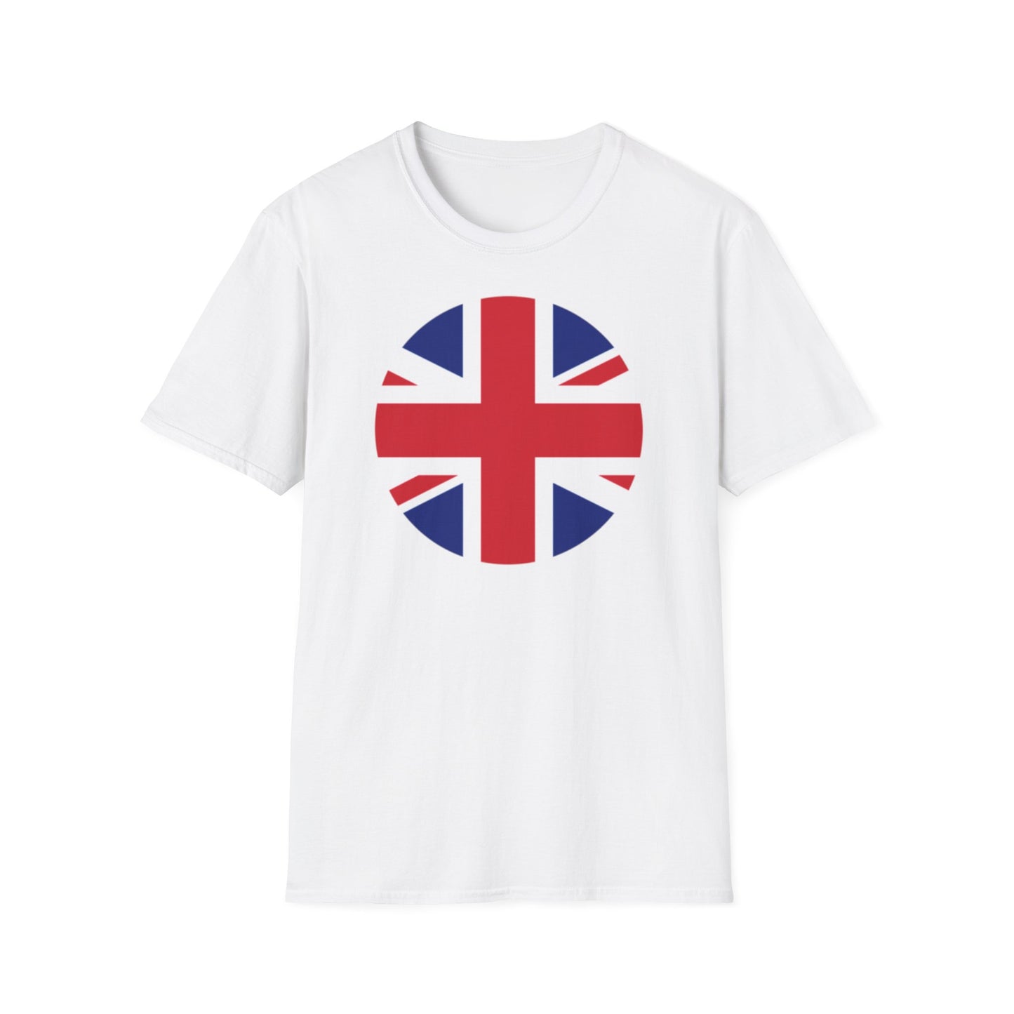 A white t-shirt with a design of a Union Jack flag in a round circle shape