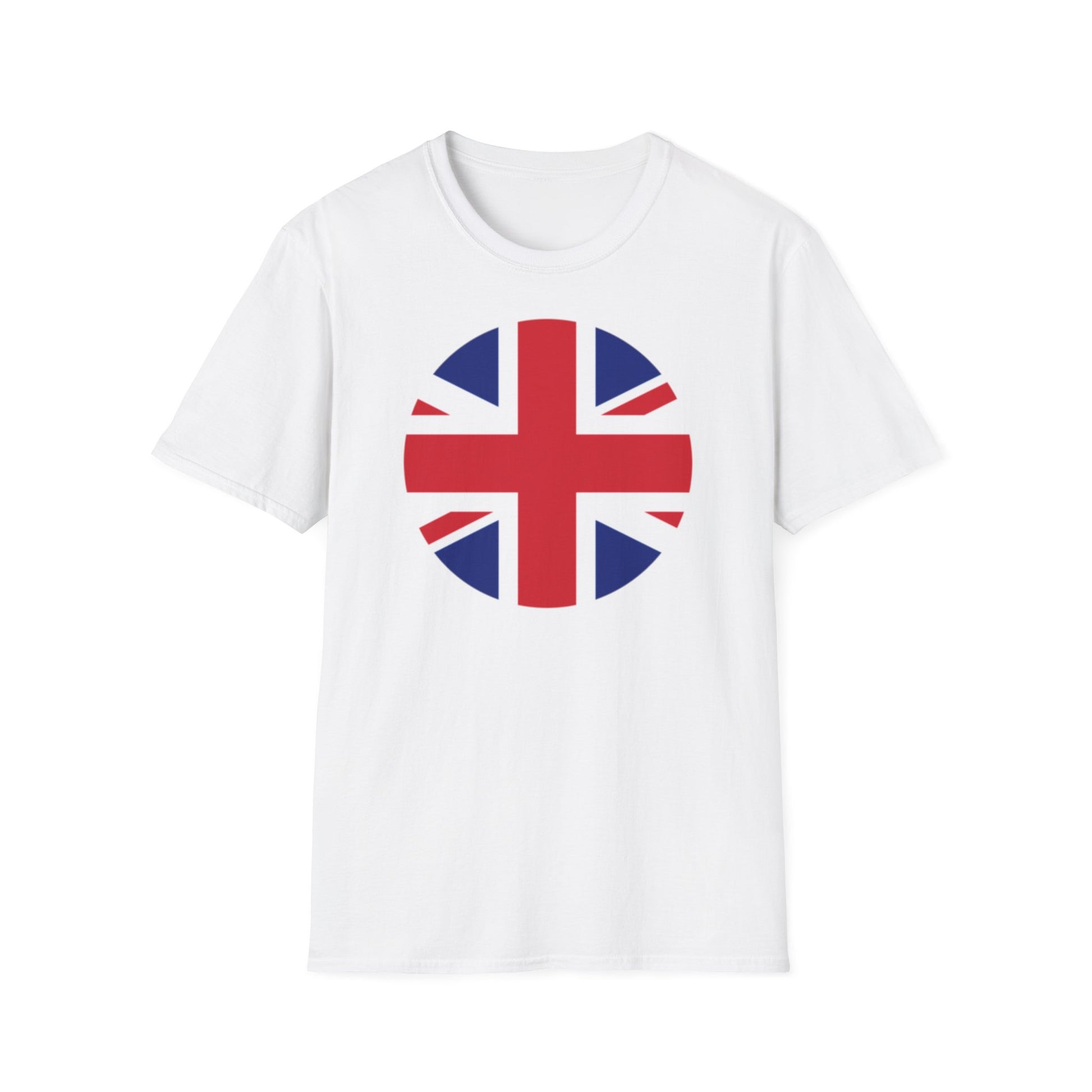 A white t-shirt with a design of a Union Jack flag in a round circle shape
