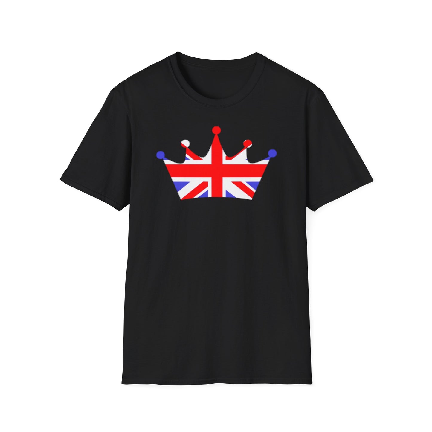 A black t-shirt with a design of a Union Jack flag in the shape of a crown