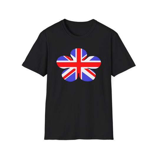 A black t-shirt with a design of a Union Jack flag in the shape of a flower