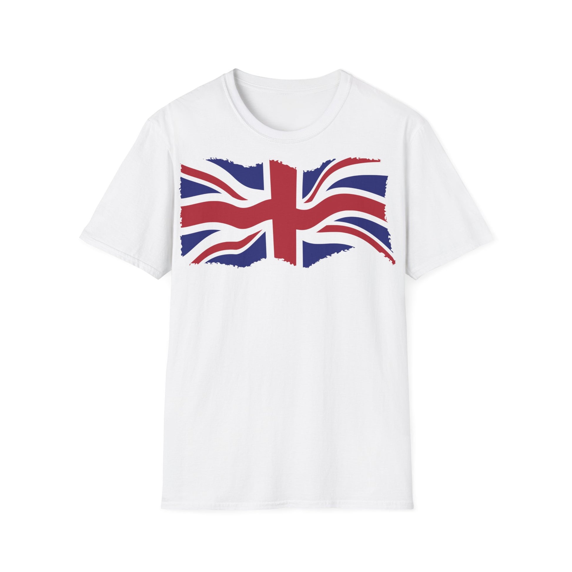 A white t-shirt with a design of a Union Jack flag done in a grunge style