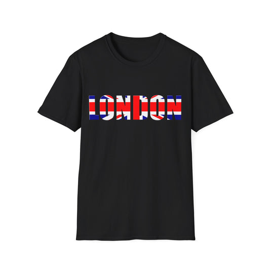 A black t-shirt with the word London written on it. London has a Union Jack flag pattern