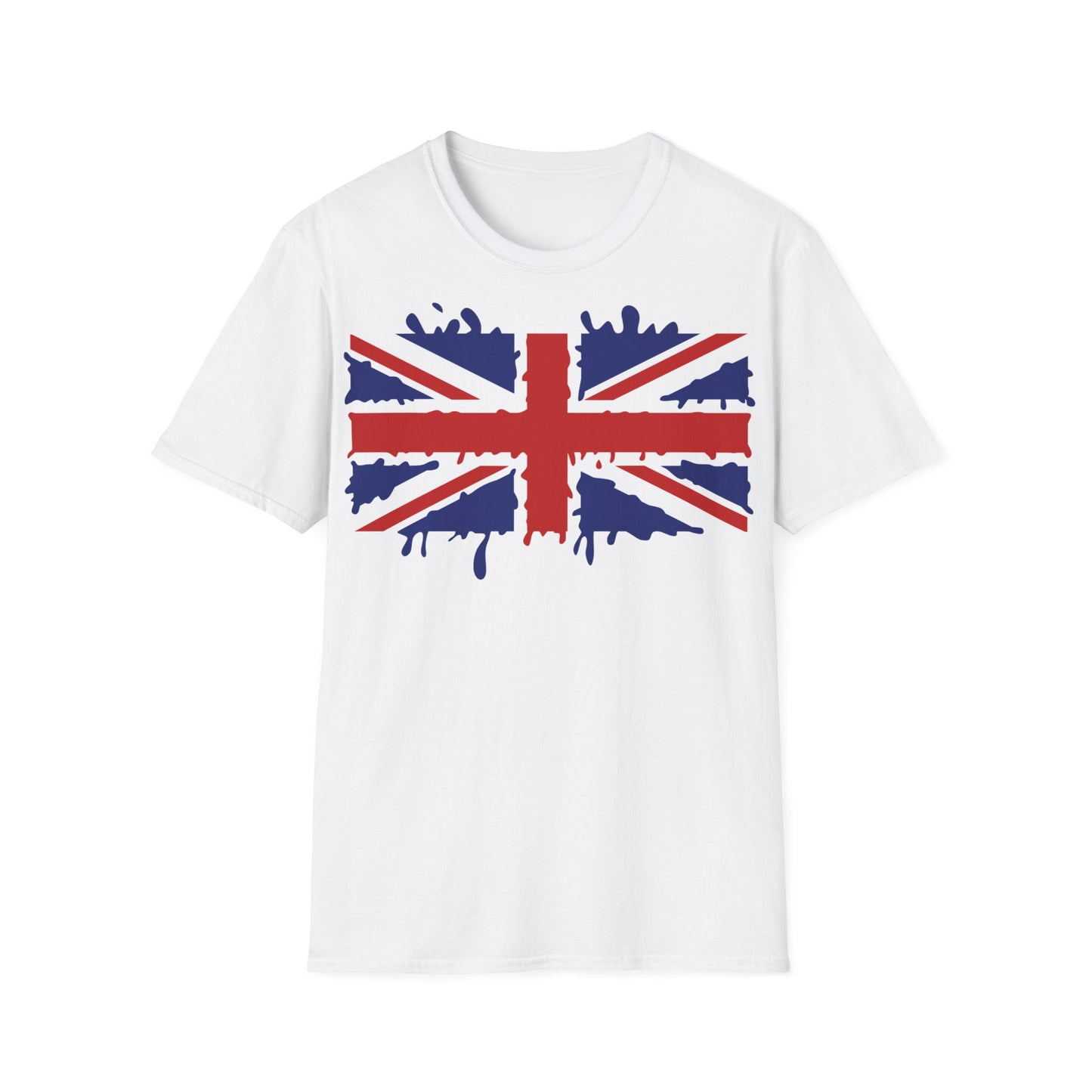 A white t-shirt with a design of the Union Jack flag in a painted splat effect