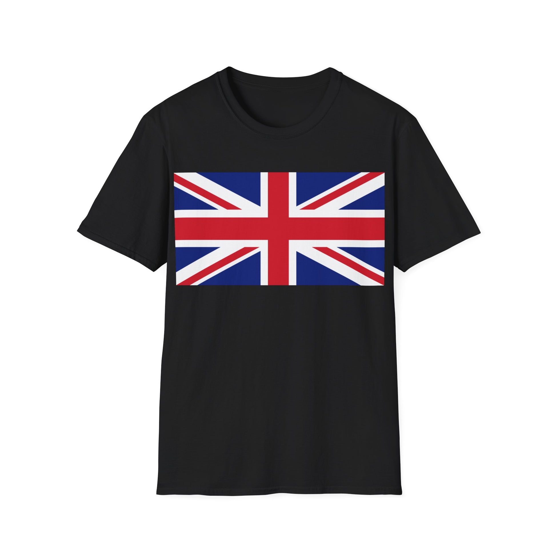 A black t-shirt with a design of the British Union Jack flag