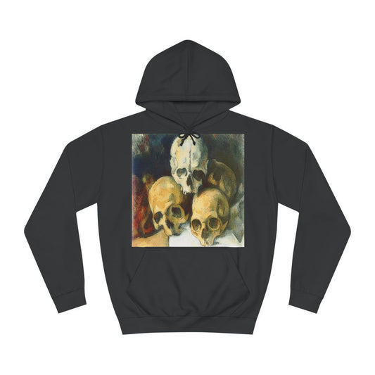 A black hoodie sweatshirt with a design of a classic painting of a skull pyramid by Paul Cézanne.