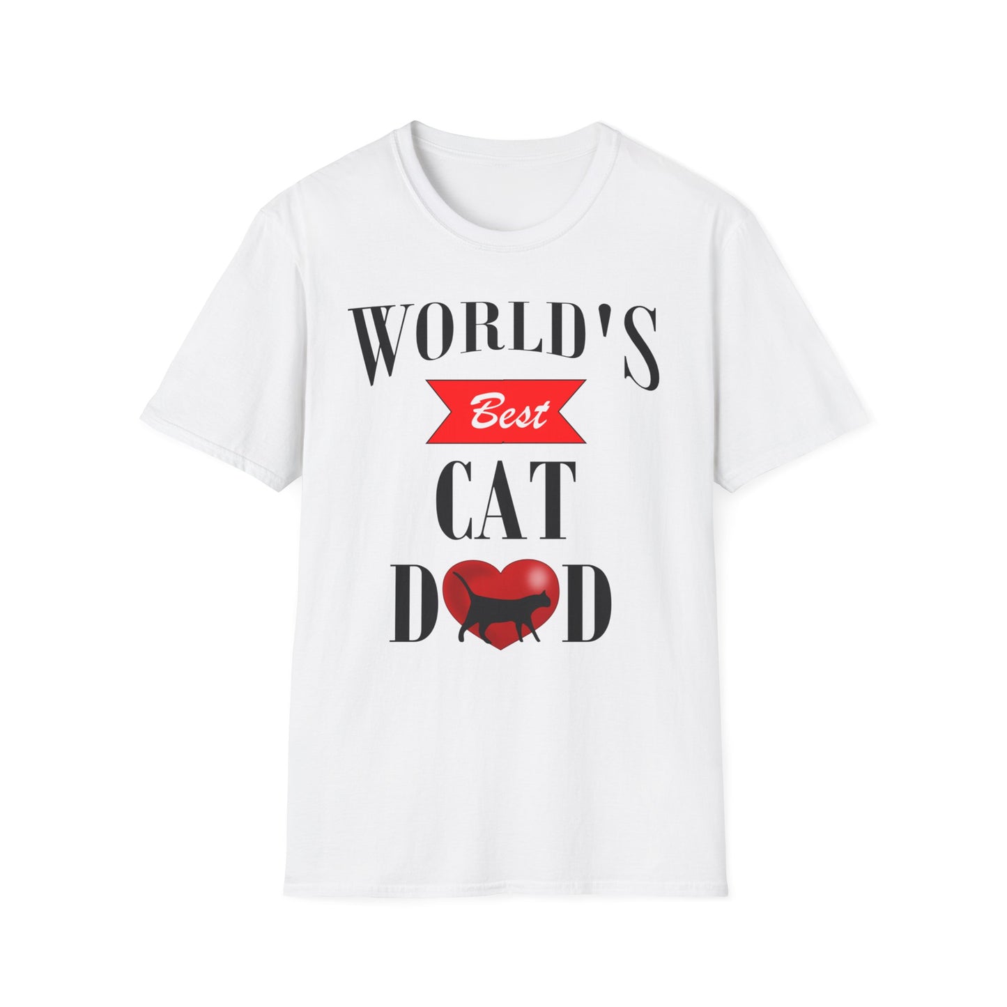 A white t-shirt with a Father's Day quote: World's Best Cat Dad. The A in Dad is a red heart and a black cat
