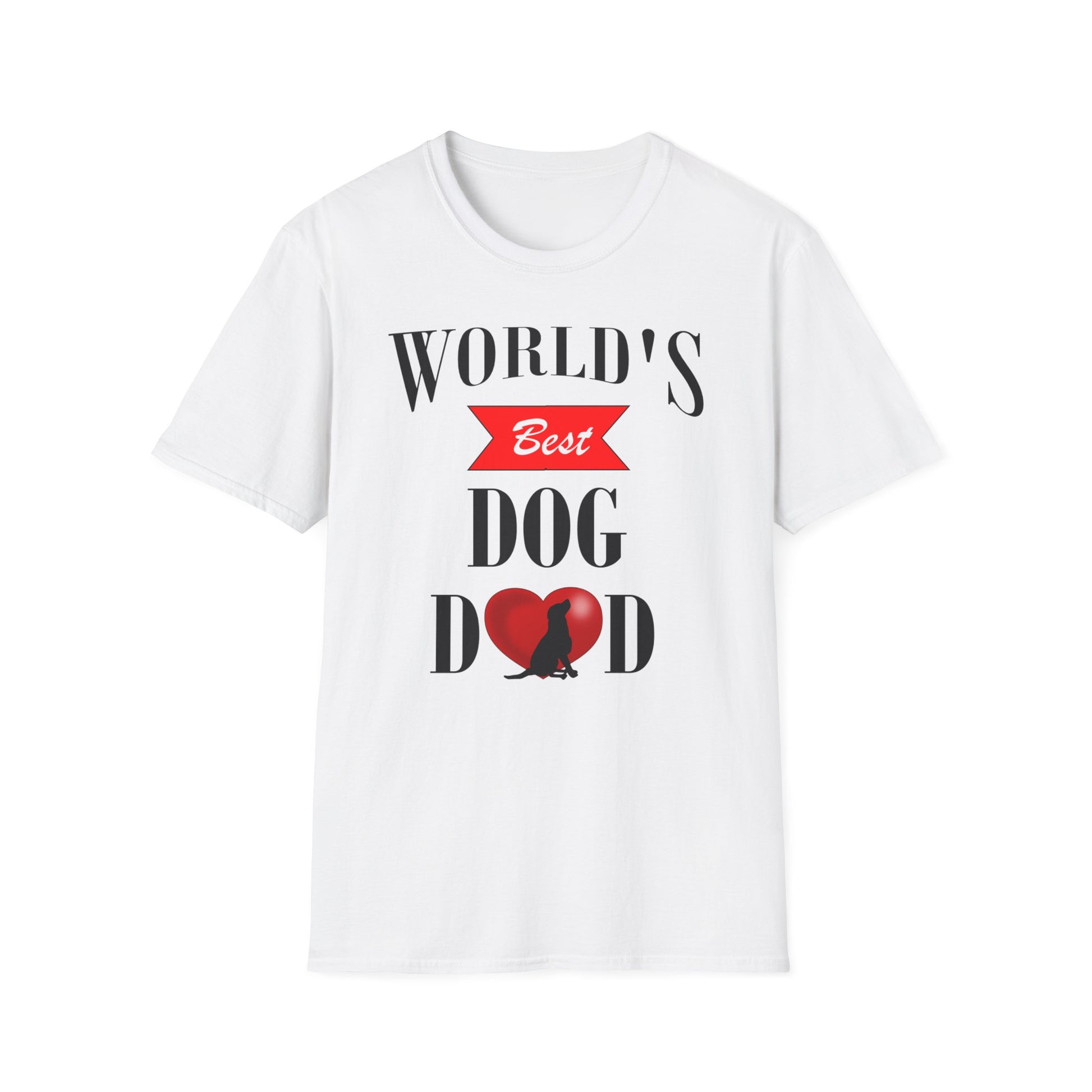A white t-shirt with the Father's Day quote: World's Best Dog Dad. The A in Dad is a red heart with a dog.
